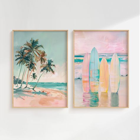 Surfers Boards and Palm Trees Ocean Set of 2 Wall Art Print, Tropical Hawaii Surfing Posters, Surfing Prints, Coastal Printable Posters Teal And Pink Wall Art, Cottage Core Prints, Ocean Painting Ideas, Miami Painting, Calculator Painting, Watercolour Ocean, Cottage Artwork, Beachy Paintings, Bedroom Tropical