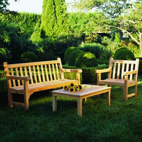 Kingsley-Bate St. George 4 Piece Teak Bench and Garden Chair Ensemble - Kingsley Bate - Outdoor Furniture Teak Adirondack Chairs, Luxury Patio Furniture, Elegant Outdoor Furniture, Contemporary Outdoor Furniture, Teak Bench, Outdoor Furniture Design, Garden Chair, Sunbrella Cushions, How To Clean Furniture