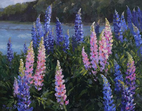 Lupin dance by Poppy Balser, Oil, 11 x 14 x 1.5 Lupine Flowers, Canadian Art, Pink Blossom, Flower Art Painting, Purple Flowers, Flower Painting, Flower Art, Poppies, Art Projects