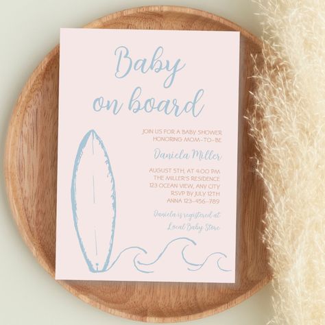 Baby On Board Surf Hand Drawn Baby Boy Shower Surfs Up Baby Shower Theme, Surfer Boy Baby Shower Ideas, Beach Invite, Themed Doodles, Surf Boy, Boy Shower Invitations, Baby On Board, Baby Shower Invitations For Boys, Ocean Breeze