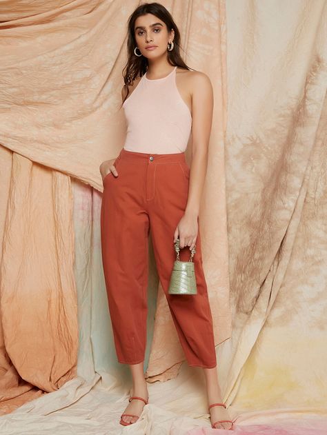 Carrot Trousers Outfit, Casual Orange Straight Pants, Burnt Orange Pants Outfit, Orange High-waisted Summer Pants, Trendy Orange High-waisted Pants, Carrot Pants Outfit, Burnt Orangw Pants, Burnt Organge Pants, Cotton Pants Outfit