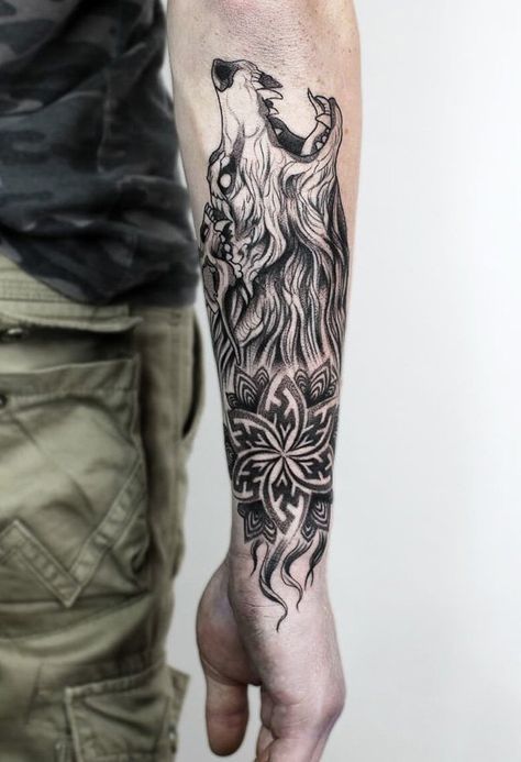 Colored Tattoo Sleeve, Wolf Totem Tattoo, Wolf Tattoo Design Men, Masculine Tattoos Men, Viking Wolf Tattoo Design, Unique Wolf Tattoo, Wolf Tattoo Ideas For Men, Wrist Tattoos Men, Hand Tattoos Men