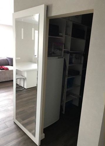 Door That Slides Into Wall, Sliding Mirror Door Closet, Ikea Mirror Door, Mirror Secret Door, Mirror On Closet Door, Small Door Ideas, Secret Mirror Door, Diy Storage Mirror, Hidden Door Design