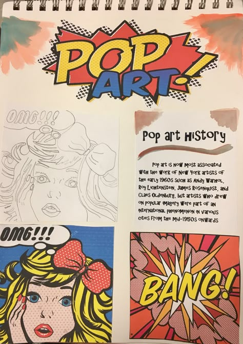 2017 Art History Visual Journal #6 - POP Art - #nghsroom406 A Level Art Sketchbook Pop Art, Pop Art Title Page Ideas, Pop Art Mind Map, Pop Art Sketchbook Page, Gcse Art Background Ideas Simple, Pop Art Title Page Gcse, Art History Sketchbook, Pop Art Gcse Sketchbook, Pop Art Title Page