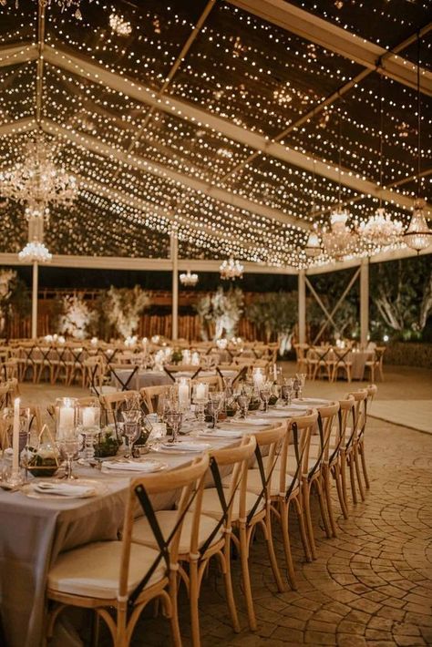 Wedding Venue Floral Ceiling, Wedding Reception Lights Outdoor, Wedding Venues Tent, Tent Wedding Venue Ideas, Different Wedding Venues, Wedding Tent Fairy Lights, Outside Venue Wedding, Wedding Reception Ideas Outside, Wedding Ideas Fancy