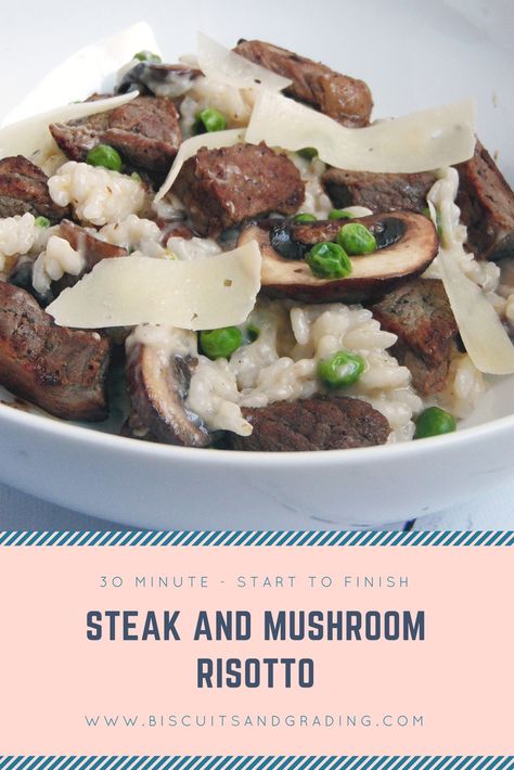 A creamy risotto, featuring steak, fresh mushrooms and peas, and shaved parmesan. The whole dish is ready - stove to table - in 30 minutes! Quick, fresh, and oh so delicious! Cheese Curd, Creamy Risotto, Mommy Group, Shaved Parmesan, Easy Steak, Steak And Mushrooms, Mushroom Risotto, Risotto Recipes, Fit Food