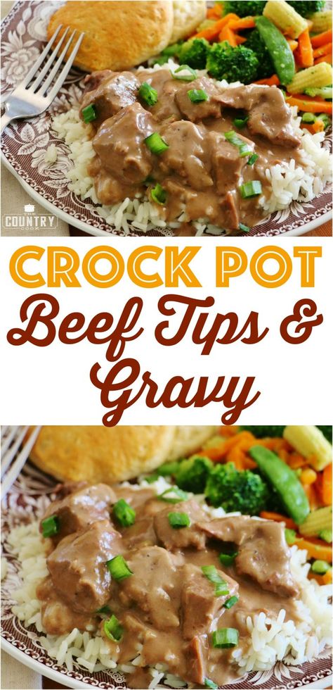 Crock Pot Beef Tips and Gravy recipe from The Country Cook Beef Tips And Gravy Crockpot, Crockpot Beef Tips And Gravy, Easy Crockpot Dump Meals, Dump And Go Crockpot, Crockpot Beef Tips, Crock Pot Beef Tips, Beef Crockpot, Crock Pot Beef, Beef Tips And Gravy