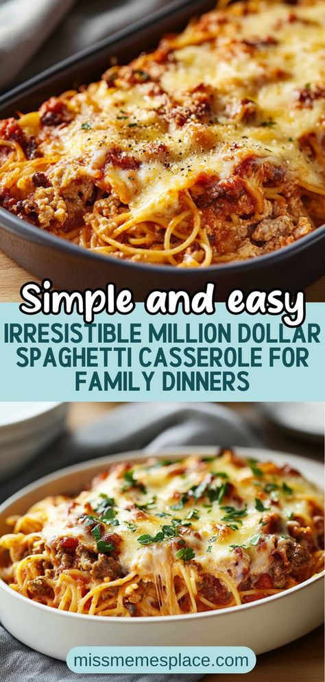 Dive into the heartwarming flavors of an Irresistible Million Dollar Spaghetti Casserole that will make every family dinner unforgettable. This delicious recipe features layers of tender spaghetti, savory ground beef, and gooey cheese, all smothered in rich marinara sauce. Perfect for potlucks and gatherings, you'll love how easy it is to prepare ahead of time. Just pop it in the oven, and let the aroma fill your home as it bakes to bubbly perfection. Your loved ones will be back for seconds! Baked Spaghetti Recipe For A Crowd, Cheesy Spaghetti Casserole, Sheet Pan Spaghetti Sauce, Mexican Spaghetti Casserole, Freezer Baked Spaghetti, Million Dollar Spaghetti Casserole Easy, Leftover Spaghetti Casserole, Best Easy Spaghetti Recipe, Easy Italian Casserole Recipes