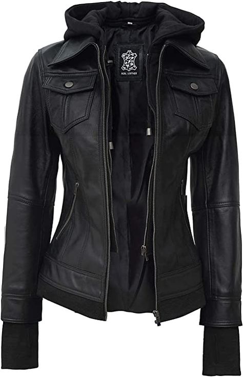 Fjackets Leather Jackets For Women - Removable Hood & Bomber Real Lambskin Leather Jacket Womens at Amazon Women's Coats Shop Black Motorcycle Jacket, Womens Moto Jacket, Womens Black Leather Jacket, Leather Jacket With Hood, Lambskin Leather Jacket, Black Motorcycle, Real Leather Jacket, Jacket With Hood, Leather Jacket Black