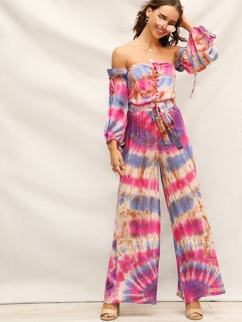 Drawstring Waist Tie Dye Wide Leg Pants | SHEIN Mode Batik, Lavender Tie, Tie Dye Patterns Diy, High Waist Jumpsuit, Diy Tie Dye, Tie Dye Pants, Boho Tie Dye, Tie Dye Jumpsuit, Tie Dye Fashion