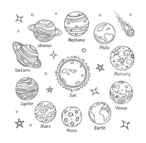 Tata Surya Art, Solar System Sketch, Planet Line Art, Planets Drawing, Planet Sketch, Outer Space Drawing, Sasuke Drawing, Planet Illustration, Planet Coloring Pages