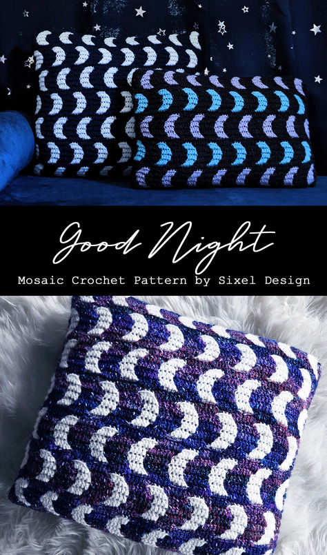 A little crescent moon pattern great for celestial themed decor. Pattern includes steps to create the pillows pictured here. Chart can be used to create anything from blankets, to pillows, sweaters, hats and more!  #mosaiccrochet #crochetpattern #goodnightmoon #crescentmoon #mooncrochet #moon #celestial #sixeldesign Sparkly Yarn Crochet Projects, Moon And Stars Crochet Blanket, Crescent Moon Crochet Pattern, Celestial Crochet Patterns Free, Space Themed Crochet, Celestial Crochet Patterns, Crochet Celestial, Crochet Moon Pillow, Galaxy Crochet