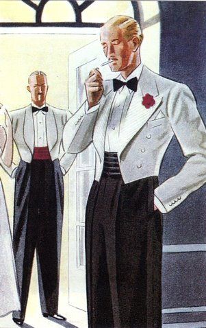 These two gentleman are wearing the Mess Jacket, one with shawl lapels and the other with peak lapels. Mens Cropped Suit Jacket, Mens Fashion Illustration, Summer Formal, Vintage Mens Fashion, Vintage Suits, 1930s Fashion, 1920s Fashion, Tuxedos, Men's Suits