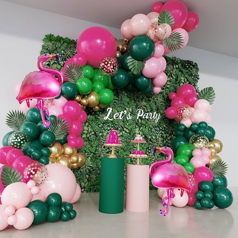 Amazon.com: 156Pcs Tropical Flamingo Balloon Arch Garland Kit, Hot Pink Dark Green Light Pink Gold Confetti Flamingo Foil Balloons with Palm Leaves for Hawaiian Luau Aloha Summer Beach Birthday Party Decorations : Toys & Games Unique Birthday Party Themes For Adults, Beach Birthday Party Decorations, Flamingo Birthday Decorations, Tropical Balloons, Dark Green Light Pink, Party Balloon Arch, Flamingo Party Decor, Flamingo Balloons, Confetti Party Decorations