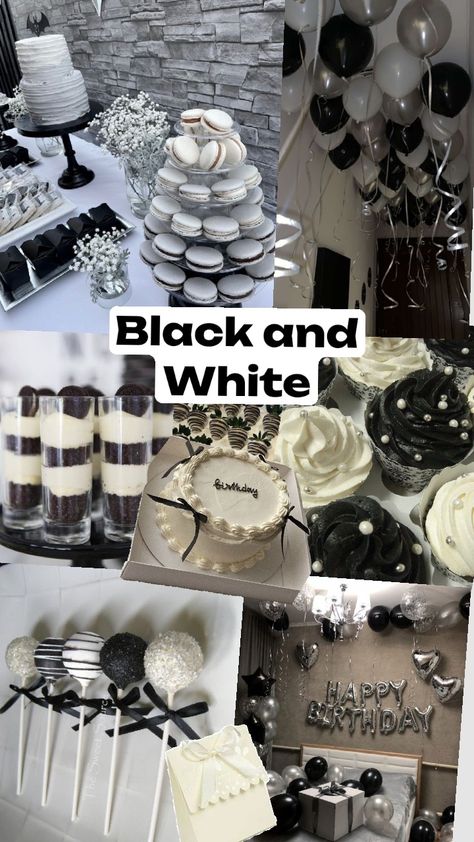 #party #Black and White Black And Silver 40th Birthday Ideas, Black And White Sweet Sixteen, Black And White Decor Party, Graduation Party Black And White, White And Black Birthday Theme, Black Tie 18th Birthday Party, Birthday Party Black And Silver, Black And White Party Favors, Black Coquette Party Theme