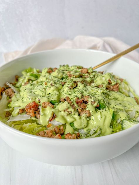 High Protein Green Goddess Dip, Leafy Greens Salad, High Protein Caesar Salad, Green Goddess Chopped Salad, High Protein Chopped Salad, High Protein Salad Meal Prep, Healthy Lunch Ideas High Protein, Clean Eating High Protein, Easy Salad Recipes Healthy