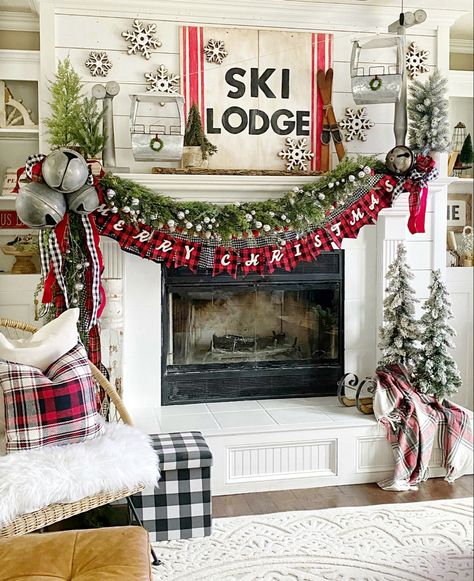 @thepickledrose Winter Wonderland Decorations, Christmas Mantel Decorations, Ski Lodge, Christmas Mantle, Christmas Fireplace, Cozy Fireplace, Christmas Mantels, Jingle All The Way, Jingle Bell