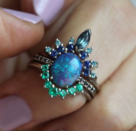 Lagoon Ring Set Black Opal Ring With Sapphire and Emerald | Etsy Black Opal Wedding Ring, Opal Wedding Ring Set, Gem Rings, Opal Engagement Ring Set, Emerald Wedding Band, Black Opal Ring, Opal Wedding Rings, Estate Rings, Engagement Sets