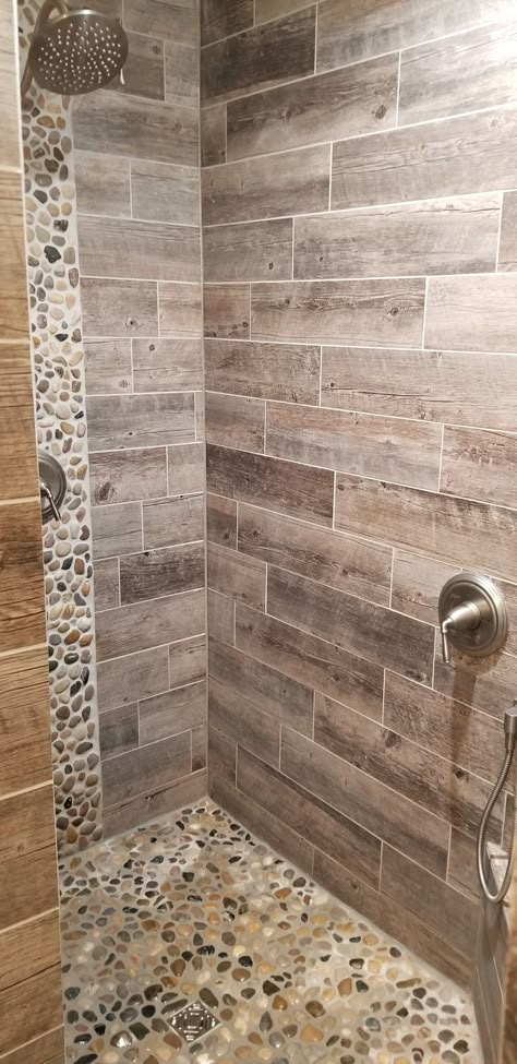 River Rock Tile Shower Ideas, Master Shower Floor Ideas, River Rock Floor Bathroom, Showers With Rock Floors, Showers With River Rock Floors, Cobblestone Shower Floor, River Rock Shower Floor Ideas, River Rock Bathroom Ideas, River Rock Tile Shower Floor