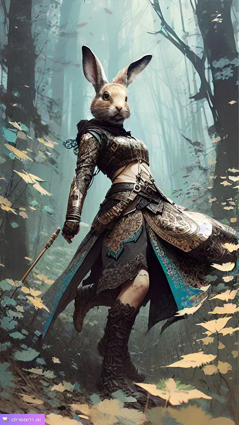 Fantasy woman with rabbit head. Harengon Rogue, Harengon Dnd Female, Harengon Dnd Art, Rabbit Person, Rabbit Warrior, Rogue Dnd, Monk Dnd, Easter Bunny Pictures, Dnd Npc