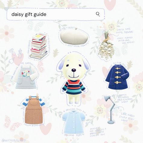 @wickerisland gift guide Acnh Dreamies List, Daisy Acnh, Animal Crossing Gift Guide, Acnh Lookbook, Villager Clothes, Acnh Gift Guide, Acnh Guide, Acnh Tips, Acnh Villagers