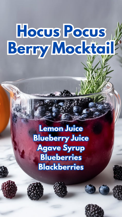 Hocus Pocus Berry Mocktail Blueberry Mocktail Recipes, Hocus Pocus Mocktail, Berry Mocktail Recipes, October Mocktails, Halloween Mocktail Recipe, Halloween Berries, Halloween Mocktails Non Alcoholic, Blackberry Mocktail, Halloween Hangout