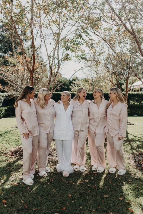 cute bridal party PJs for blush wedding Green White And Blush Wedding, White Green Decor, Champagne Bridal Party, Bridesmaids Pjs, Wedding Pjs, Bridal Party Pjs, White And Blush Wedding, Before Wedding Pictures, Bridesmaid Get Ready Outfit