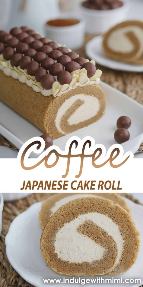 Japanese Chiffon Cake, Japanese Cake Roll, Coffee Flan, Infused Whipped Cream, Rolled Cakes, Japanese Cakes, Witch Recipes, Nut Roll, Japanese Dessert Recipes