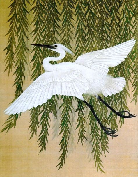 Detail. "White Heron and Willow" or "White Crane and Willow Tree" folding screen. 鈴木其一 Suzuki Kiitsu,1796-1858. Shinenkan collection. Camilla Frances Prints, Camilla Frances, White Heron, Japanese Bird, White Crane, White Birds, Japanese Drawings, Folding Screen, Eastern Art