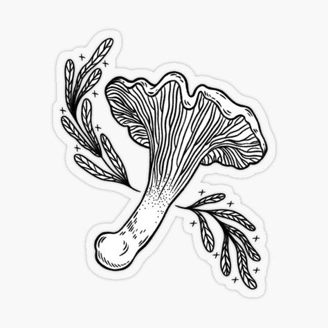 A chanterelle mushroom done in solid black lines with two wavy stems of leaves decorating either side of it. Little x's are added around the leaves to look like sparkles. Chantrell Mushrooms Tattoo, Chanterelle Mushrooms Drawing, Chanterelle Tattoo, Chantrell Mushrooms, Boba Tattoo, Sticker Mushroom, Bull Skull Tattoos, Earthy Tattoos, Mushroom Cottagecore