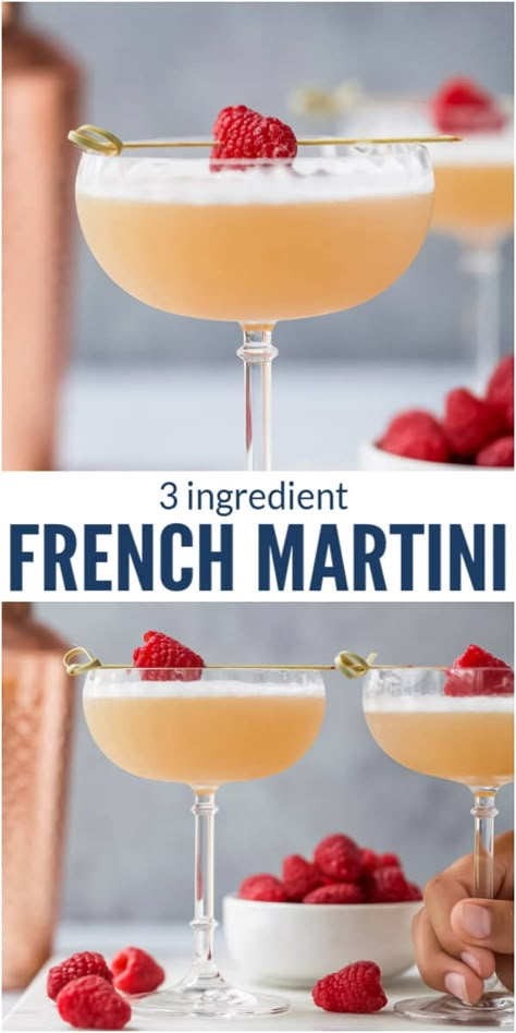 Are you looking for a fun, easy cocktail to make for your next happy hour? This 3 Ingredient French Martini comes together with a few shakes of vodka, Chambord, and pineapple juice. It's sure to impress your friends when you show up with this sophisticated and refreshing cocktail. #cocktailrecipe #martinirecipe #martinis #frenchmartini #cocktails #vodkarecipe Martini With Pineapple Juice, Easy Fun Martinis, Good Martini Recipes, Fruity Martini Recipes Vodka, Pitcher Martini Recipe, French Martini Chambord, Refreshing Martini Recipes, Martini Recipes Fruity, Different Martini Recipes