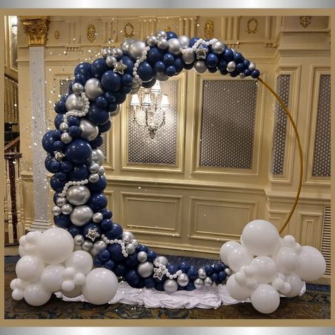 Balloon Artists | This work made me very nervous during the installation, moon theme for a sweet 16 | Facebook Crescent Moon Balloon Arch, Love You To The Moon And Back Dance Theme, Cloud Nine Dance Theme, Under The Night Sky Theme, Navy Sweet 16, Starry Night Sweet 16 Theme, Starry Night Dance Theme, Dark Blue Sweet 16, Starry Night Sweet 16