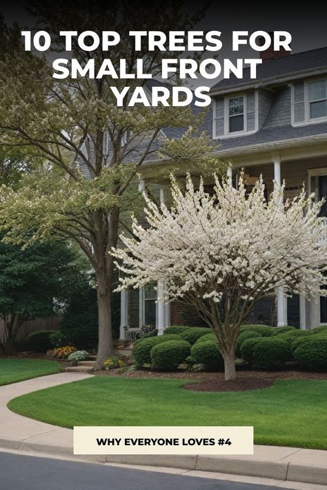 Looking to enhance your small front yard with some greenery? Discover the best trees for small yards that will add charm and character to your outdoor space. Whether you prefer narrow trees for tight spaces or small shrubs to boost curb appeal, there are plenty of perfectly-sized options to choose from. Create a beautiful landscape with these small trees and shrubs that are ideal for tiny yards. Front Garden Curb Appeal, Evergreen Shrubs In Front Of House, Tiny Front Yard Landscaping, Small Trees For Front Yard, Tiny Front Porch Ideas, Small Trees For Landscaping, Trees For Small Yards, Front Yard Tree Landscaping, Small House Landscaping