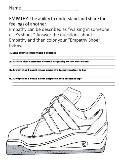 Empathy is walking in someone else's shoes worksheet. Students answer questions and color their shoe. https://www.teacherspayteachers.com/Product/Empathy-Coloring-Activity-Worksheet-5526281 Interactive Group Therapy Activities, Shoes Worksheet, Empathy Worksheet, Empathy Activities, Character Building Activities, Counseling Session, Group Therapy Activities, Counseling Games, Teaching Empathy