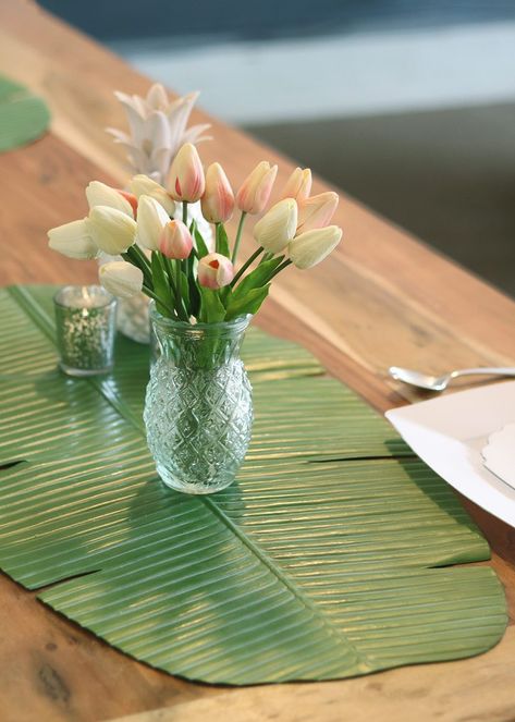 Artificial Banana Leaf Table Runner in Green - 30" Long x 16" Wide Hmong Wedding, Banana Leaf Decor, Leaf Table Decor, Leaf Table Runner, Leaf Decor Wedding, Tropical Party Decorations, Elegant Candle Holders, Elegant Candle, Artificial Leaves