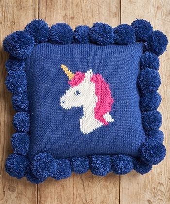 Free Pattern! Unicorn Cushion knitted in Patons Diploma DK Unicorn Knitting Pattern, Unicorn Cushion, Knitted Washcloths, Crochet Cushion Cover, Crochet Plant, Unicorn Pattern, Crochet Cushions, Knitting Supplies, Scarf Knitting Patterns