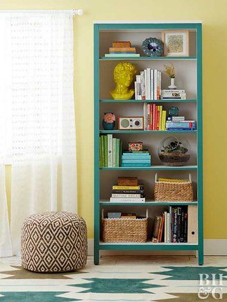 book shelf Colourful Bookshelf, Yellow Bookshelf, Nook Furniture, Colorful Bookshelf, White Bookshelf, Bookshelf Makeover, Bookcase Makeover, Furniture Colour, Painted Bookshelves