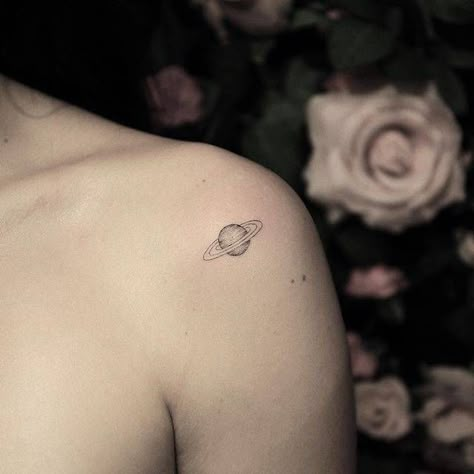 Saturn Hip Tattoo, Saturn Tattoo Placement, Jupiter And Saturn Tattoos, Disco Saturn Tattoo, Tattoo Ideas Saturn, Capricorn Saturn Tattoo, Simple Saturn Tattoo, Saturn Tattoo Ideas, Moon Saturn Tattoo