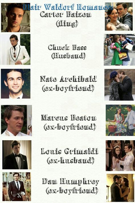 Romances Chuck Bass (Husband) Nate Archibald(ex-boyfriend) Marcus Beaton (ex-boyfriend) Louis Grimaldi (ex-husband) Dan Humphrey (ex-boyfriend) Carter Baizen (fling) Carter Baizen, Dan Humphrey, Nate Archibald, Chuck And Blair, Xoxo Gossip, Chuck Bass, Gym Workout For Beginners, Blair Waldorf, Drawings Simple