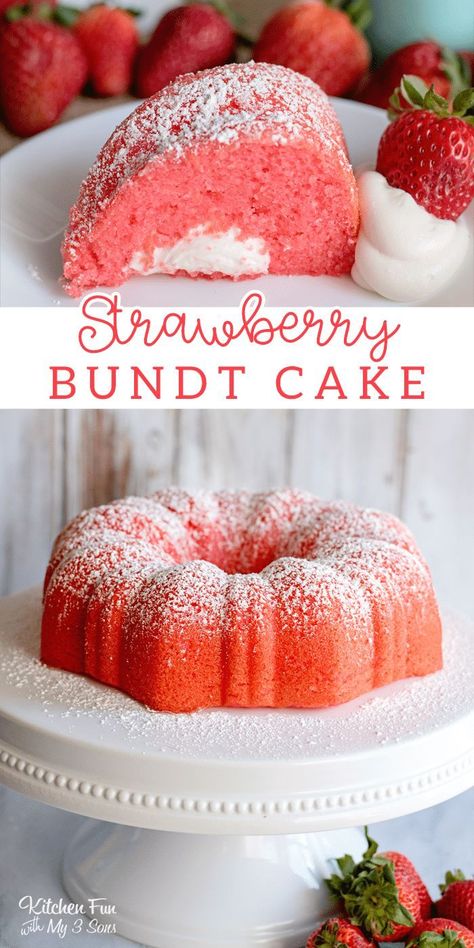 We'd add a chocolate drizzle of homemade ganache made with Chocoley to finish this Strawberry Bundt Cake filled with a yummy vanilla, marshmallow filling! It's moist, creamy and full of delicious strawberry flavor. #recipes #bundtcake #yummy #food #cake #strawberry Strawberry Bundt Cake, Marshmallow Filling, Strawberry Cake Mix, Mini Bundt Cakes, Strawberry Flavor, Bundt Cakes Recipes, Strawberry Desserts, Cake Mix Recipes, Köstliche Desserts