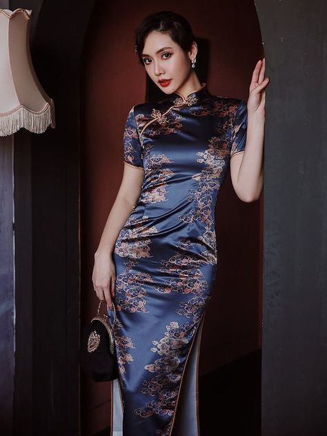 Chinese Traditional Dress modern Cheongsam Dress embroidered | Etsy Prom Dress Chinese, Blue Cheongsam, Tea Ceremony Dress, Chinese Cheongsam Dress, Asian Style Dress, Modern Cheongsam Dress, Old Shanghai, Cheongsam Modern, Chinese Traditional Dress