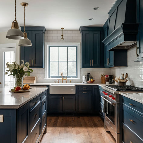 8 Awe-Inspiring Painted Kitchen Cabinet Ideas Dark Blue Green Cabinets, Dark Blue Lower Kitchen Cabinets, Kitchen Cabinet Blue Colors, Hale Navy Kitchen Cabinets, Dark Blue Cabinets Kitchen, Navy Cabinets Kitchen, Blue Lower Kitchen Cabinets, Midnight Blue Kitchen Cabinets, Dark Hardwood Floors Kitchen