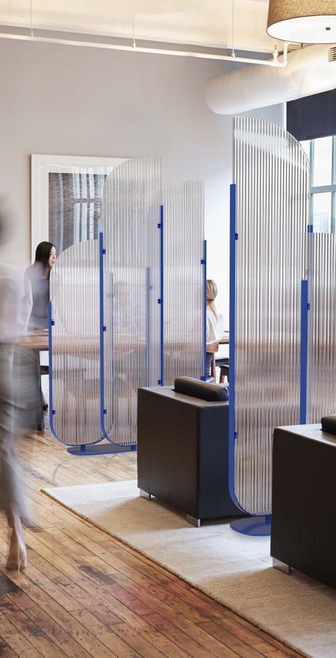 Screens for security and style by Yellow Goat Design. #screens #roomdividers #covid19solutions Goat Design, Office Screens, Custom Light Fixtures, Divider Design, Space Dividers, Office Partition, Privacy Screens, Partition Design, Workplace Design