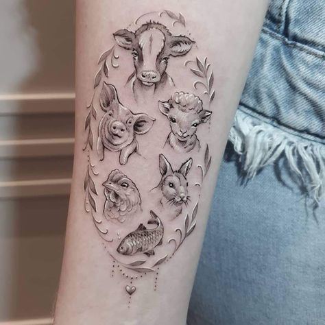 Farm Animal Tattoo, Farm Tattoos For Women, Farm Tattoo, Vegan Tattoos, Group Tattoos, Vegan Tattoo, Tattoo Aesthetic, Spine Tattoo, Body Modification