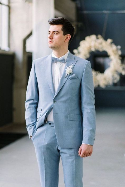 Blue Tux Wedding, Navy And Light Blue Wedding, Light Blue Suit Wedding, Blue Coat Outfit, Groom Outfit Inspiration, Blue Groomsmen Suits, Pastel Blue Wedding, Groom Blue Suit