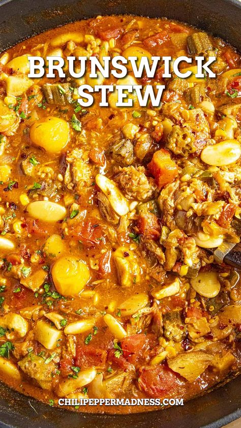 Brunswick Stew in a skillet New Brunswick Stew, Crock Pot Brunswick Stew, Brunswick Stew Recipe Easy, Southern Brunswick Stew Recipe, Homemade Brunswick Stew Recipe, Southern Brunswick Stew, Brunswick Stew Recipe Georgia, Chicken Brunswick Stew Recipe, Best Brunswick Stew Recipe