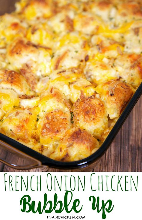 French Onion Chicken Bubble Up - AMAZING! We literally licked our plates! Chicken, French Onion Dip, Chicken Soup, Cheddar Cheese and Biscuits. Topped with yummy French Fried Onions. Great weeknight meal. Kids love this! Leftover Onion Dip Recipes, French Onion Chicken Bubble Up, Deans French Onion Dip Chicken, Fried Chicken Leftovers Ideas, Recipes With Leftover Fried Chicken, What To Do With Leftover Fried Chicken, Chicken Popperkosh, Leftover Fried Chicken Recipes Ideas, Leftover French Onion Soup