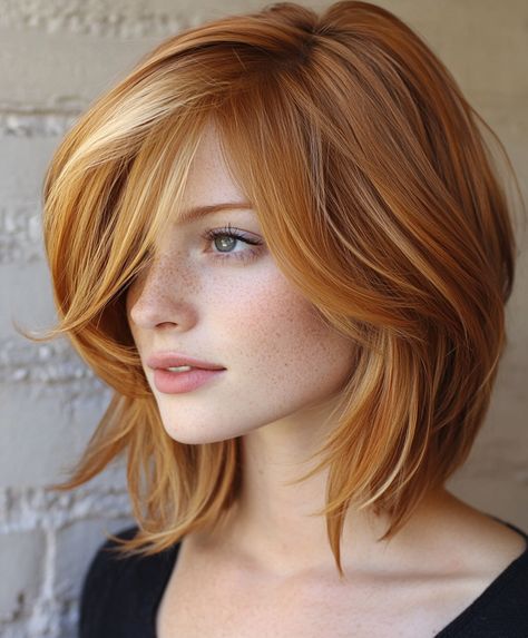 Winter Hair Color Medium Length Side Swept Bangs Medium Hair With Layers, Hair Color Medium Length, Winter Hair Color Trends, Highlighted Bangs, Medium Hair Color, Swept Bangs, Vibrant Hair, Layers And Bangs, Caramel Balayage