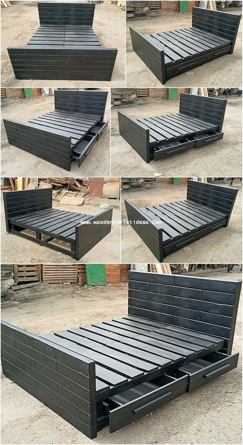 Wooden Pallet Bed with Storage Drawers Pallet Bed With Storage, Bed With Storage Drawers, Wooden Pallet Beds, Pallet Bed Frame, Diy Pallet Bed, Pallet Furniture Designs, Pallet Beds, Pallet Bed, Wooden Pallet Furniture