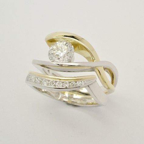 18ct. yellow gold & platinum wedding ring set with tapering sized diamonds around the curve shaped to fit single stone open cross-over engagement ring. Lab Created Diamond Rings James Allen Rings, Remake Wedding Ring, Divorce Ring Redesign, Modern Diamond Rings Design Unique, Right Hand Rings For Women, Wedding Ring Redesign, Bypass Rings, Contemporary Diamond Ring, Ring Redesign